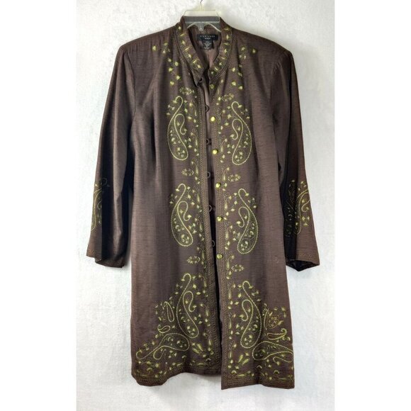 Silk Land Nehru Long Jacket 2X Brown Embroidery Green Tones Boho Hippie Duster - Picture 1 of 12